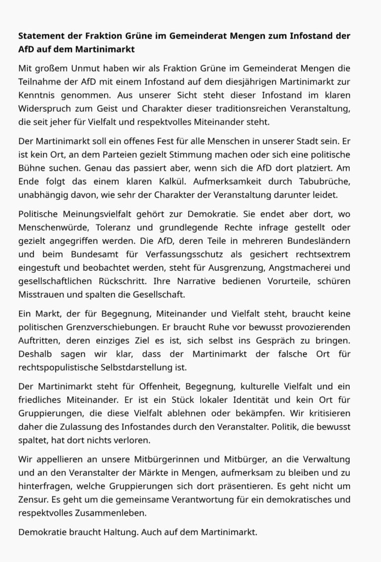 Statement der Fraktion Grüne im Gemeinderat Mengen zum Infostand der AfD auf dem Martinimarkt